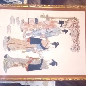 Vintage Framed Japanese Crewel Needlepoint, Geisha art, large embroidery